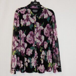 INVESTMENTS Black/Purple Long Sleeve Collared Button Blouse; Size XL
